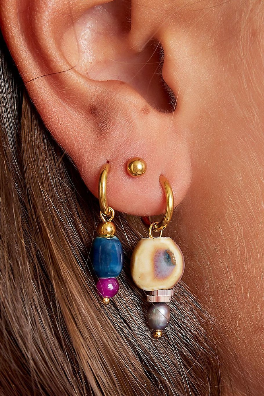 Earrings with Colored Charm Small Blue &amp; Gold color Stainless Steel Picture3